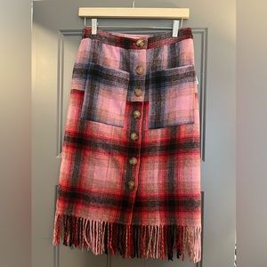 NWT Anthropologie Maeve Plaid Midi Skirt with Fringe